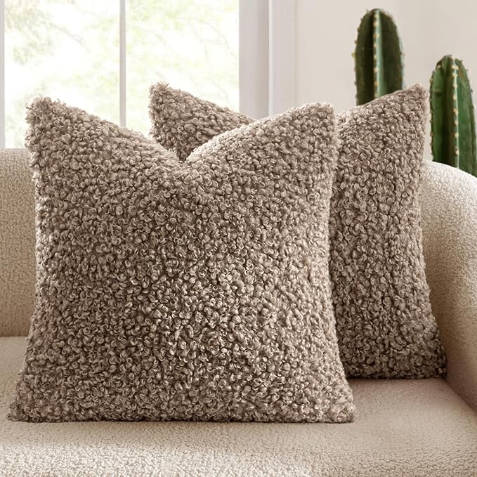 MIULEE Pack of 2 Throw Pillow Covers 22x22 Inch Neutral Khaki Faux Fur Decorative Sherpa Pillow Covers Fuzzy Accent Soft Sheepskin Fleece Cushion Cases for Boho Home Decor Couch Living Room Bed