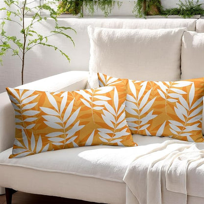 Fall Leaf Pillow Covers 12x20 Set of 2 Orange White Seasonal Autumn Leaves Rustic Decorative Lumbar Throw Pillows Outdoor Pillowcase Farmhouse Linen Cushion Case Decor for Home Sofa Couch Bed