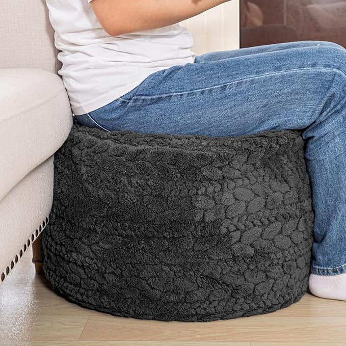 Unstuffed Ottoman Pouf Cover – Round Faux Fur Footstool Plush Floor Pouf (No Filler Included) Perfect for Living Room, Bedroom, or Office Lounge (Gray, 26x26x18 in)