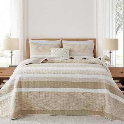 Finlonte 100% Cotton Overized King Bedspread Set, Striped Reversible Lightweight Quilted Bedspreads Coverlet, 3-Piece, Brown, King Size