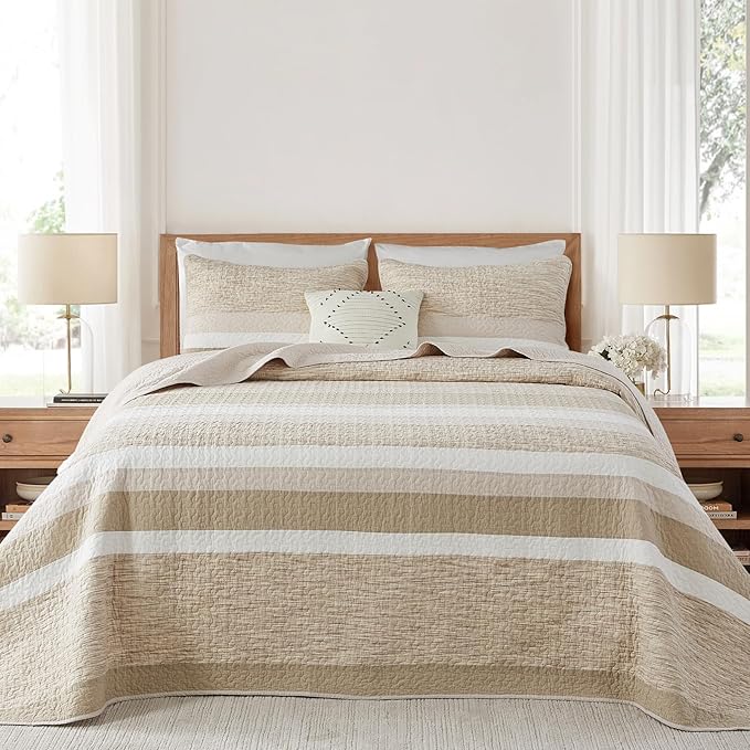 Finlonte 100% Cotton Overized King Bedspread Set, Striped Reversible Lightweight Super Large Quilted Bedspreads Coverlet, 3-Piece, Brown, California King Size