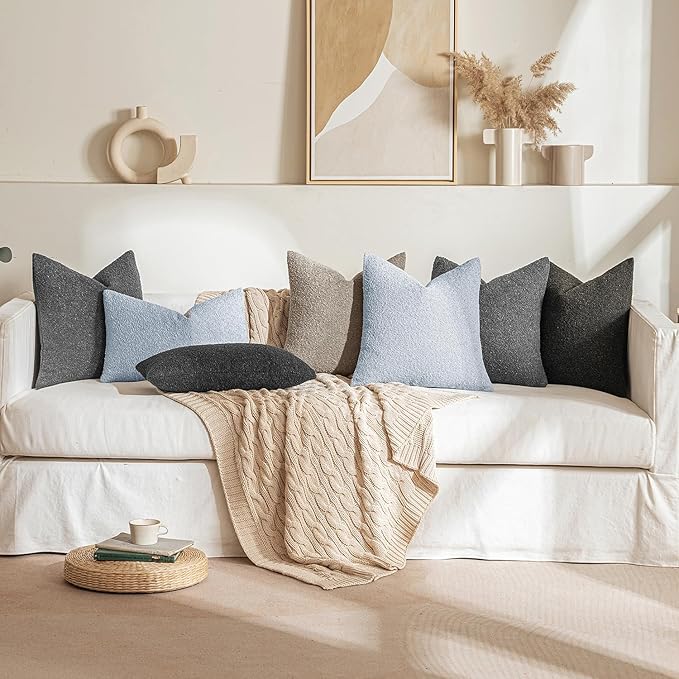 MIULEE 12x20 Inch Decorative Lumbar Throw Pillows for Bed Set of 2 Textured Boucle Neutral Winter Throw Pillow Covers Light Blue Accent Solid Pillowcases Sofa Livingroom Home Decor