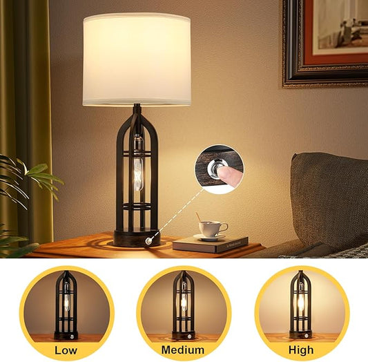 Seealle Table Lamp for Living Room Set of 2 - Bedside Lamp for Bedroom with USB C+A & Outlet, Farmhouse Lamps for Night Stands, 3-Way Dimmable Touch Lamps for Living Room with White Shade
