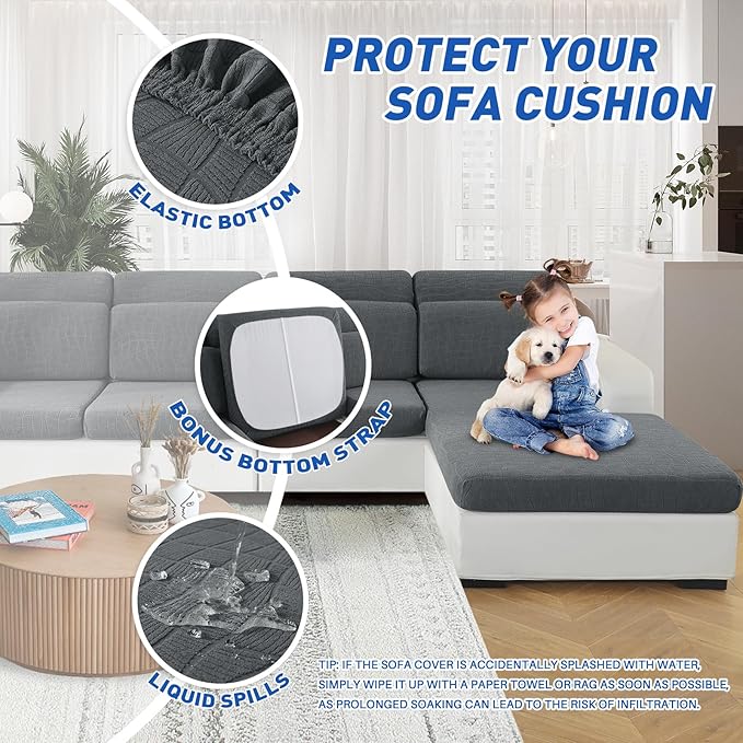MAXIJIN Waterproof Couch Cushion Covers Stretch Sofa Seat Slipcovers Washable，Sectional Outdoor Cushion Covers with Elastic Bottom for Dogs Pets Kids (2 Pc Cushion Cover, Light Gray)