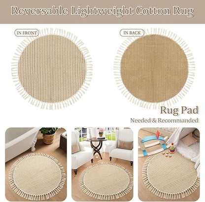 Lahome Boho Round Rug 3ft, Small Circle Rugs for Entryway Kitchen Cotton Washable Indoor Door Bath Mat with Tassels, Farmhouse Round Area Rug Non Shedding Circle Carpet for Bedroom Entry, Khaki