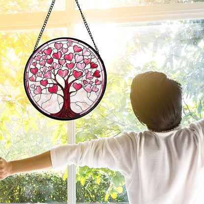 DASTOLL Stained Glass Window Hanging, Pink Love Heart Tree Suncatcher Hangings Beige Sun Catchers Decor for Birthday Holiday for Women, Men, Wife, Aunt, Mom 7.8 in