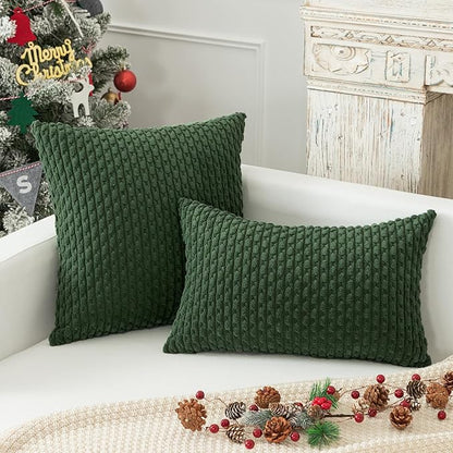 Kevin Textile Pack of 2 Corduroy Decorative Throw Pillow Covers 26x26 Inch Soft Boho Striped Pillow Covers Modern Farmhouse Home Decor for Spring Sofa Living Room Couch Bed Dark Green