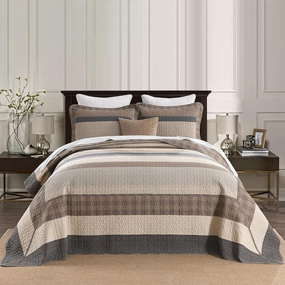 SahSahCasa 120"x120" 100% Cotton Oversized California King Bedspread Coverlet Quilt Set, Cal King Quilted Striped Bedspread Extra Large Quilt, XL Bed Spread Lightweight Comforter,Charcoal/Beige/Brown