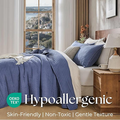 DOWN HOME King Quilt Bedding Set with Shams, Vintage Washed Soft Quilted Blanket Thin Comforter Lightweight Bedspread Coverlet Bed Cover, Brushed Microfiber Stripe Stitching, Vintage Denim, 104"x90"