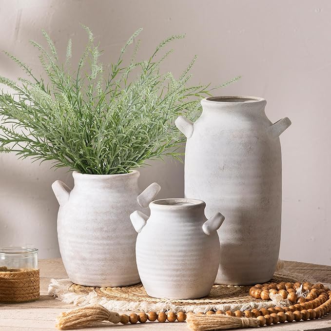Ceramic Flower Vase Home Decor - Farmhouse Table Vases with Handle Living Room Decoration Vintage Decorative Aesthetic for Shelf Coffee Dining Desk House Bookshelf Fireplace (6" Rustic)