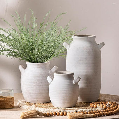 Ceramic Flower Vase Home Decor - Farmhouse Table Vases with Handle Living Room Decoration Vintage Decorative Aesthetic for Shelf Coffee Dining Desk House Bookshelf Fireplace (6" Rustic)