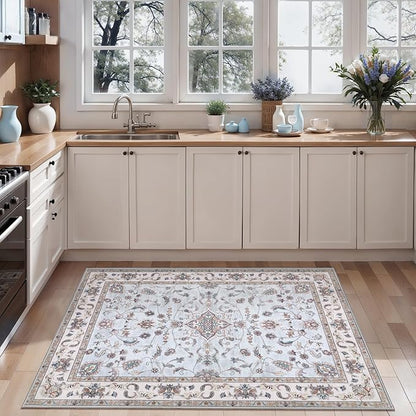 Tangsoo 2x6 Washable Runner Rug for Hallways,Vintage Boho Light Blue Non Slip Rug Runner, Soft Low Pile Floral Entryway Floor Carpet for Kitchen Bedside Bathroom Kid & Pets Friendly Home Decor