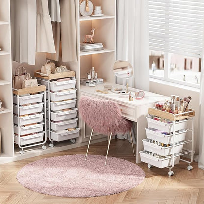 Rolling Storage Utility Cart With 5 Drawers,Craft Cart with Wheels,Makeup Organizer,Art Supply And Storage Wooden Tabletop,White