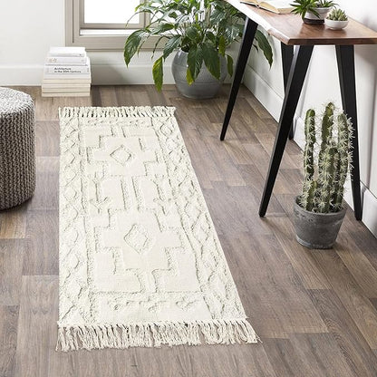 Uphome Boho Bathroom Runner Rug 2' x 4.3', Washable Woven Cotton Bedroom Rug Runners, Beige Aesthetic Tufted Entryway Runner Rugs, Bohemian Tribal Throw Rugs for Bedside Living Room Laundry Kitchen
