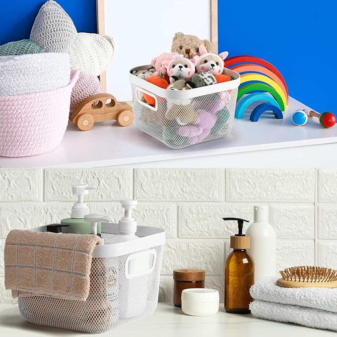 6 Pack Metal Mesh Basket with Hollow Handles White Wire Storage Bin for Organizing Stackable Metal Fine Mesh Basket for Pantry Bathroom Kitchen Cabinets Shelves