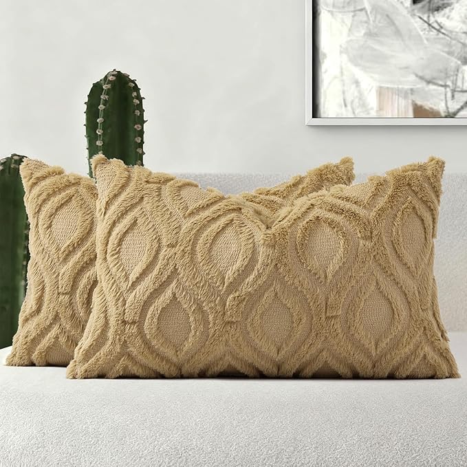 decorUhome Spring Throw Pillow Covers 12x20 Inch Set of 2, Soft Plush Faux Wool Khaki Solid Couch Pillow Covers, Accent Farmhouse Neutral Square Pillow Cases for Sofa Bed Living Room