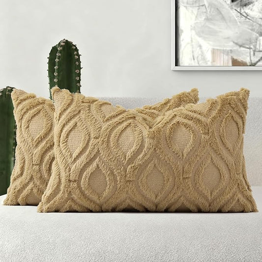 decorUhome Spring Throw Pillow Covers 12x20 Inch Set of 2, Soft Plush Faux Wool Khaki Solid Couch Pillow Covers, Accent Farmhouse Neutral Square Pillow Cases for Sofa Bed Living Room