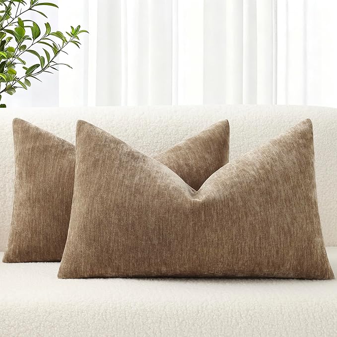 decorUhome Chenille Reddish Brown Throw Pillow Covers 12x20 Inch Set of 2, Decorative Soft Couch Pillow Covers Solid Dyed Accent Velvet Farmhouse Neutral Rectangle Pillow Cases for Sofa Living Room