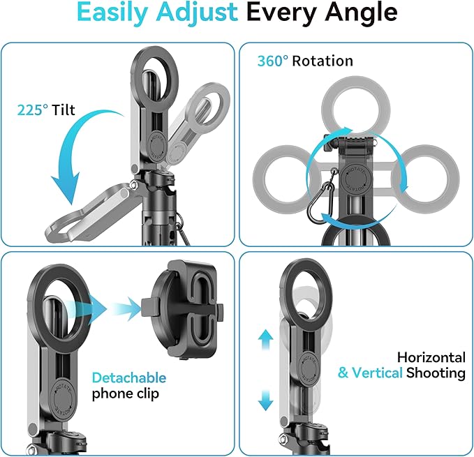 FOURPILLARS Magnetic Tripod Stand for iPhone, Mini Selfie Stick Tripod with Detachable Remote, Portable Cell Phone Tripod Stand Compatible with iPhone/Android, Live Streaming, Video Recording