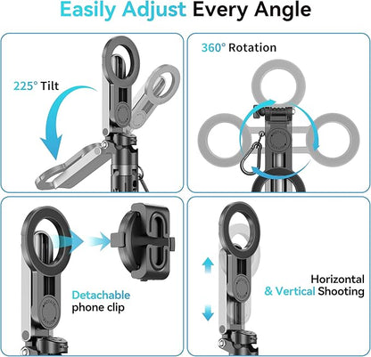 FOURPILLARS Magnetic Tripod Stand for iPhone, Mini Selfie Stick Tripod with Detachable Remote, Portable Cell Phone Tripod Stand Compatible with iPhone/Android, Live Streaming, Video Recording