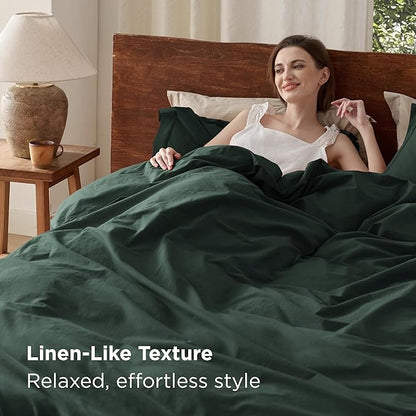 Bedsure 100% Washed Cotton Duvet Cover King Size - Forest Green Minimalist Cotton Duvet Cover Linen Like for All Seasons - GentleSoft™ Plain Simple Bedding (Forest Green, King, 104"x90")