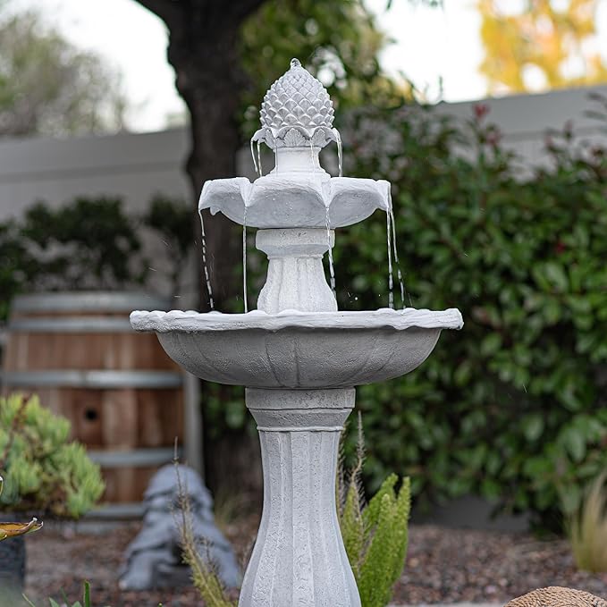 XBrand 44" H White Fiberglass/Resin 2-Tier Solar Water Feature w/Auto-Off Pump - Tall Outdoor Birdbath Fountain