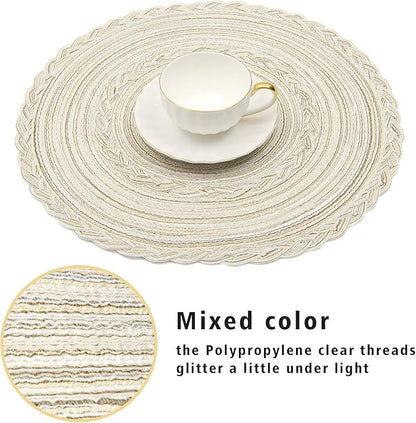 SHACOS Round Placemats Set of 4 Boho Braided Border Place Mats for Dining Tables Wedding Holiday Party (Ivory Bordered, 4)