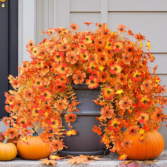 INQCMY Artificial Fall Flowers for Outdoors Realistic Faux Autumn Hanging Plants 2Pcs Fake Mums Fake Flowers for Porch Patio Outdoor Decor Home Decor UV Resistant (Orange Sunset Red)