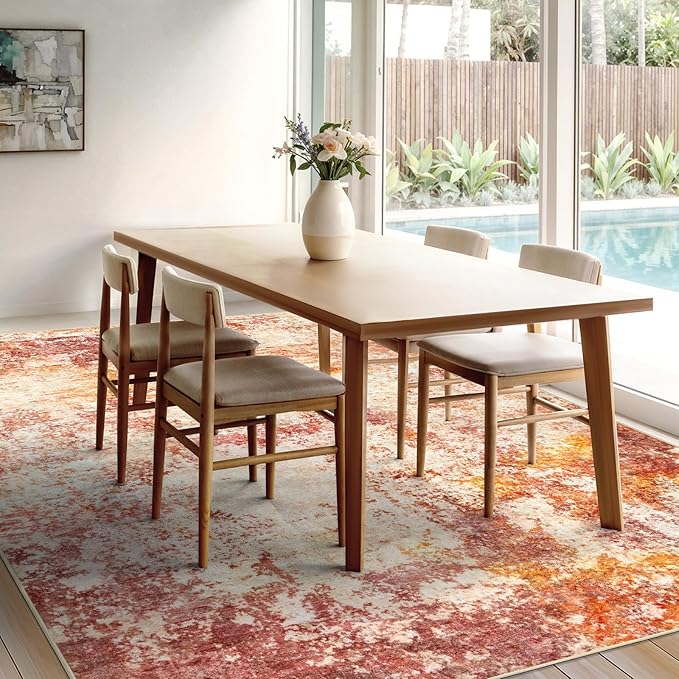9x12 Area Rug for Living Room- Washable Rugs Modern Neutral Abstract Rug Soft Low Pile No Slip Stain Resistant Rug Indoor Large Carpet for Bedroom Dining Room Nursery Room Home - Pink/Orange