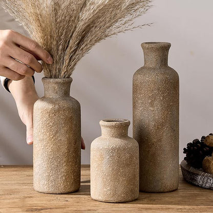 LUKA Ceramic Rustic Farmhouse Vase Set of 3,Terracotta Vases for Decor,Antique Vase for Your Bedroom,Office,Living Room,Fireplace,Bookshelf Decor,Housewarming (10+7.5+5 Inch)