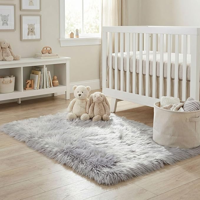 3 x 5 ft Fluffy Gray Rug – Cozy Faux Fur Rug for Bedroom, Living Room, or Nursery – Soft Faux Sheepskin Decor Accent