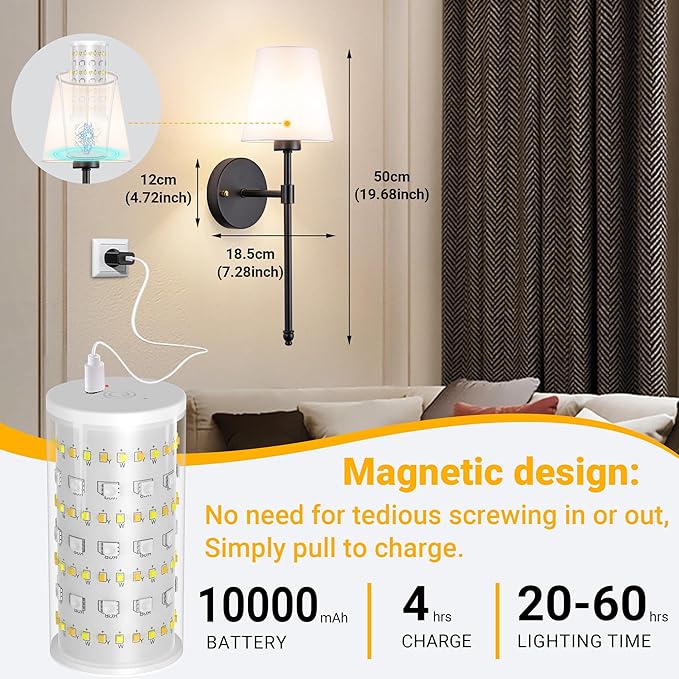 Battery Operated Wall Sconce: Peel and Stick Adhesives Stick On Non Drill Wall Light, Rechargeable Wireless Wall Lamp with Battery Corn Bulb for Bedroom Wall Decor
