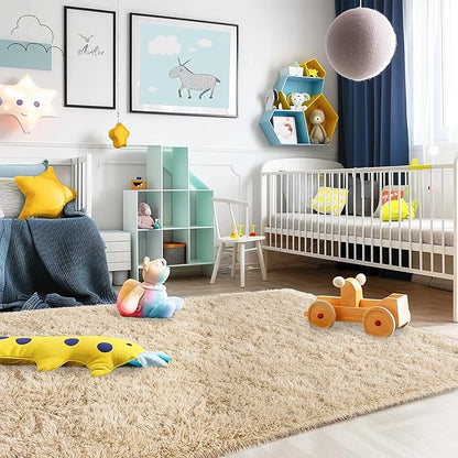 Super Fluffy Rug for Bedroom, 4x6 Shag Fuzzy Area Rug for Living Room Bedroom, Plush Soft Carpet for Girls Boys Kids, Non Slip Throw Rugs for Dorm, Modern Home Decor Aesthetic, Camel