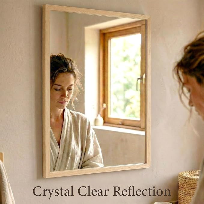 24" x 36" Natural Wood Tone Wall Mirror for Entryway & Bath, Waterproof Boho Decor Mirror, Scandi Oak Texture Vanity Mirror for Over Sink, Standard Trim