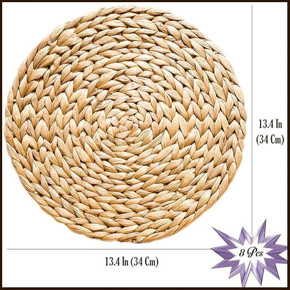 Woven Placemats Set of 8, Table Mats Set of 8, Water Hyacinth Round Placemats for Round Table, Chargers for Dinner Plates, Wicker Chargers for Dinner Plates, Woven Placemat, Place Mats 13.4 in