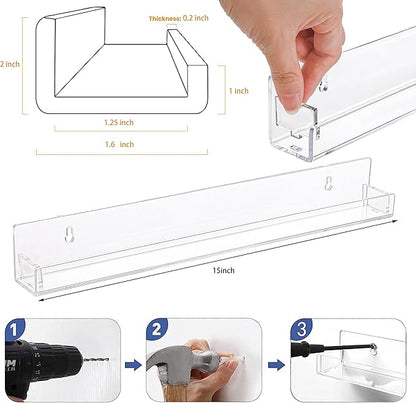 2 Pack Clear Nail Polish Rack Wall Mounted,15 inch Invisible Acrylic Floating Bookshelf,Small Toy Storage Wall Shelf Modern Picture Ledge Vinyl Record Display Shelf Holder