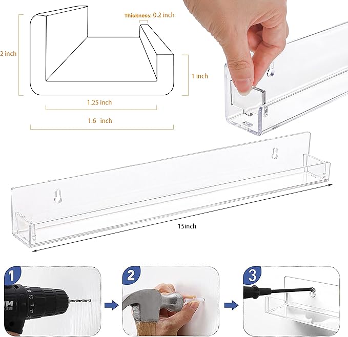 6 Pack Clear Nail Polish Rack Wall Mounted,15 inch Invisible Acrylic Floating Bookshelf,Small Toy Storage Wall Shelf Modern Picture Ledge Vinyl Record Display Shelf Holder