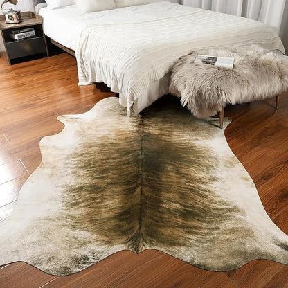 AROGAN Western Decor Faux Fur Cowhide Rug, 7 x 6.2 Feet Premium Animal Skin Cow Hide Rug, Durable Cow Print Rugs for Wall Decor, Western Floor Carpet for Bedroom Living Room, Brownish