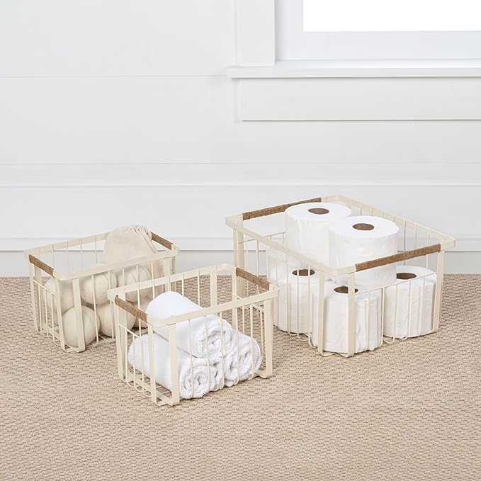 happimess BSK3003C-3SET Henley Vintage Farmhouse Wire Metal Nesting Storage Baskets with Jute Wrapped Handles for Shelves, Cabinets, Pantry, Countertop, Mesh Open Bin Basket, Almond (Set of 3)