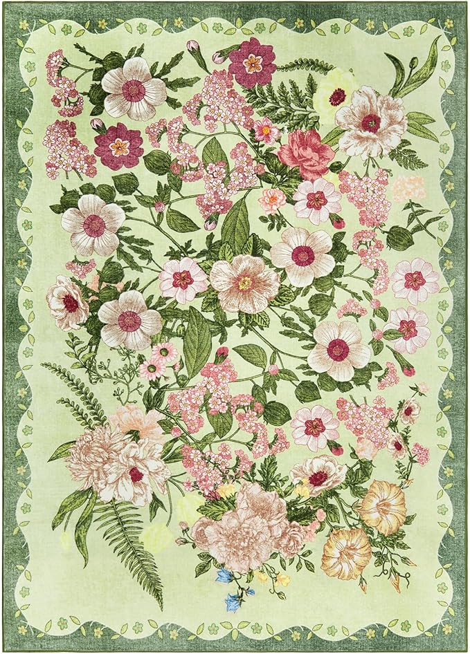 Floral Washable 5x7 Area Rugs - Living Room Rug Non Slip Low Pile Stain Resistant Carpets Indoor Vintage Flower Print Rug for Bedroom Dining Room Kitchen Home Office Green