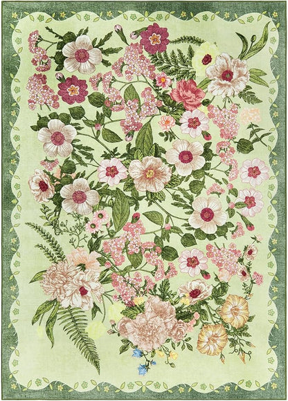 Floral Washable 5x7 Area Rugs - Living Room Rug Non Slip Low Pile Stain Resistant Carpets Indoor Vintage Flower Print Rug for Bedroom Dining Room Kitchen Home Office Green