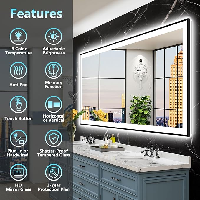 84x32 Inch Black Framed LED Bathroom Mirror with Lights, Backlit & Front Lit, Anti-Fog Lighted Vanity Mirrors for Bathroom Wall, Dimmable, 3-Color Light, Memory, Shatter-Proof, Tempered Glass