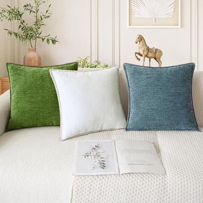 CaliTime Throw Pillow Covers Decorative 24 X 24 Inches Pack of 2 Cotton Thread Stitching Edges Solid Dyed Soft Chenille Cushion Cases for Couch Sofa Bed Living Room Farmhouse Smoke Blue