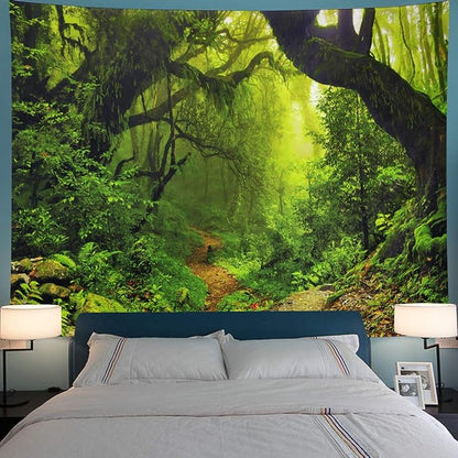 Leofanger Misty Forest Tapestry Nature Green Tree Wall Tapestry Virgin Rainforest Landscape Wall Hanging for Bedroom Living Room (51.2" × 59.1")