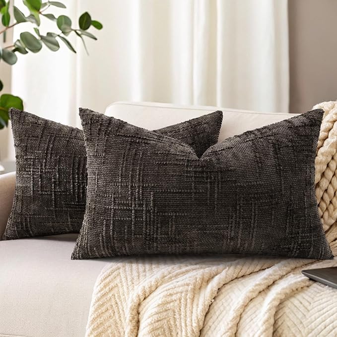 decorUhome Spring Dark Brown Chenille Throw Pillow Covers 12x20 Set of 2 Textured Slubby Couch Pillow Covers Farmhouse Accent Modern Neutral Decorative Pillow Cases for Bed Sofa Living Room