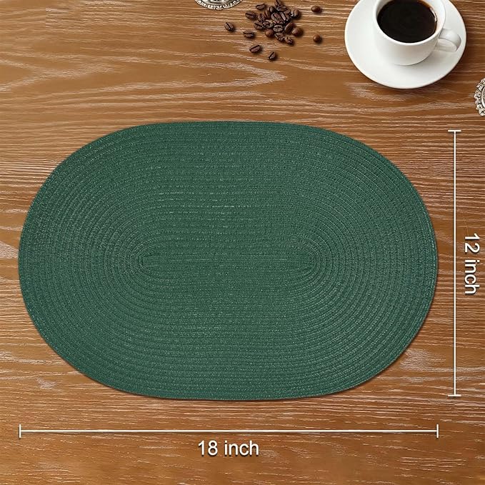 Noctiflorous Oval Braided Placemats Set of 4 Woven 12x18 Inch Non Slip Washable Heat Resistant Place Mats Round Tablemats for Dining Kitchen Party Daily Table Decor Dinner Mats (Solid Forest Green, 4)