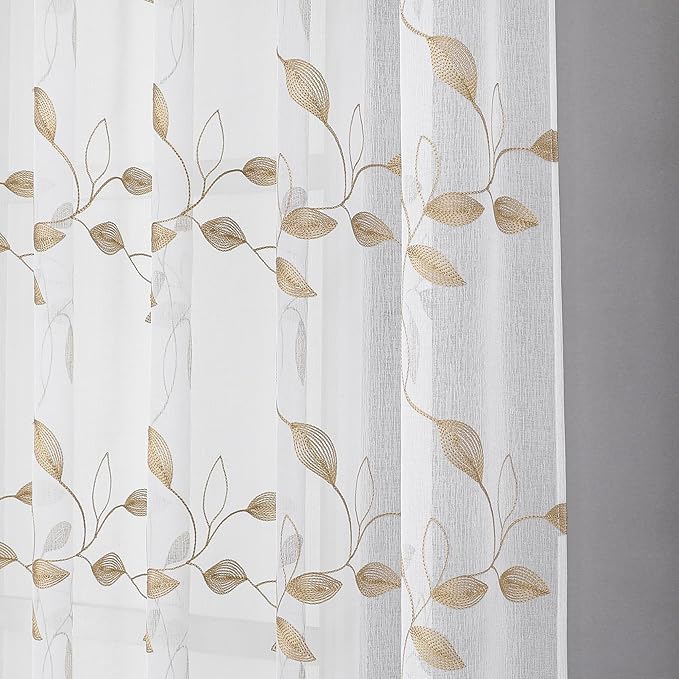 Tollpiz Taupe Leaf Sheer Curtains Leaves Embroidered Bedroom Curtain Rod Pocket Voile Window Treatment for Living Room, 54 x 84 inches Long, Set of 2 Panels