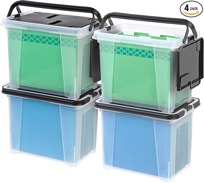 IRIS USA 17L (18 US Qt) File Box File Organizer Plastic File Box w/Winglid for Letter/Legal File, 4 Pack, BPA-Free Plastic Storage Bin Tote Organizer with Handles, Stackable and Nestable, Clear