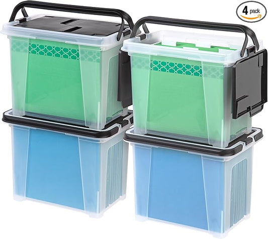 IRIS USA 17L (18 US Qt) File Box File Organizer Plastic File Box w/Winglid for Letter/Legal File, 4 Pack, BPA-Free Plastic Storage Bin Tote Organizer with Handles, Stackable and Nestable, Clear