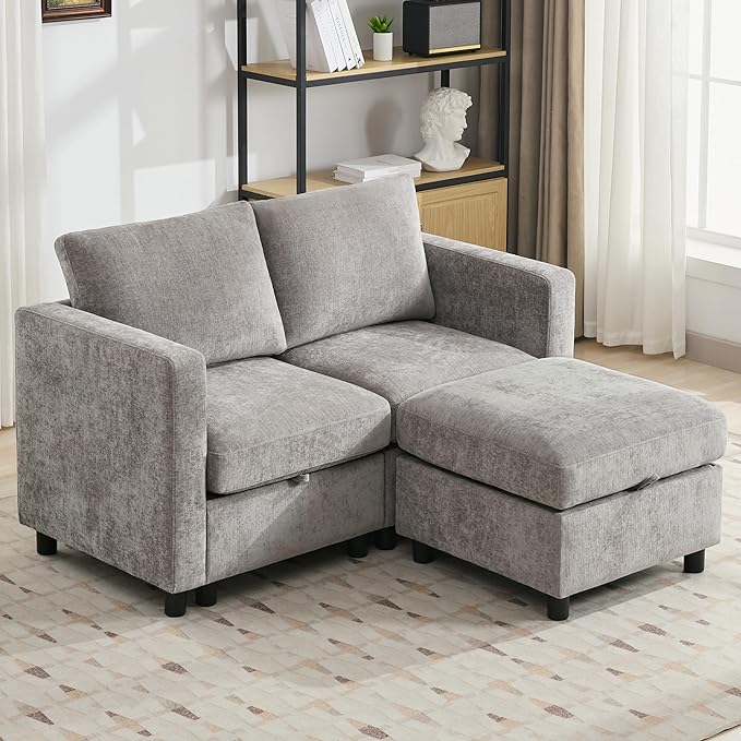 58”Modular Sectional Loveseat Sofa with Storage, Comfy Office L Shaped Sofa Couch, Chenille Love Seat Modular Sectional Couch with Movable Ottoman for Living Room, Bedroom, Light Grey
